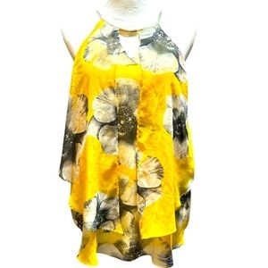 BCX Tank Top, Very Soft and Sheer‎ Yellow Floral Keyhole Layered